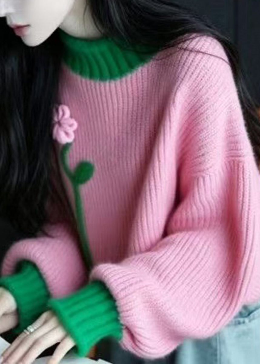 Casual Pink Green Stereoscopic Floral Knitted Tops Long Sleeve