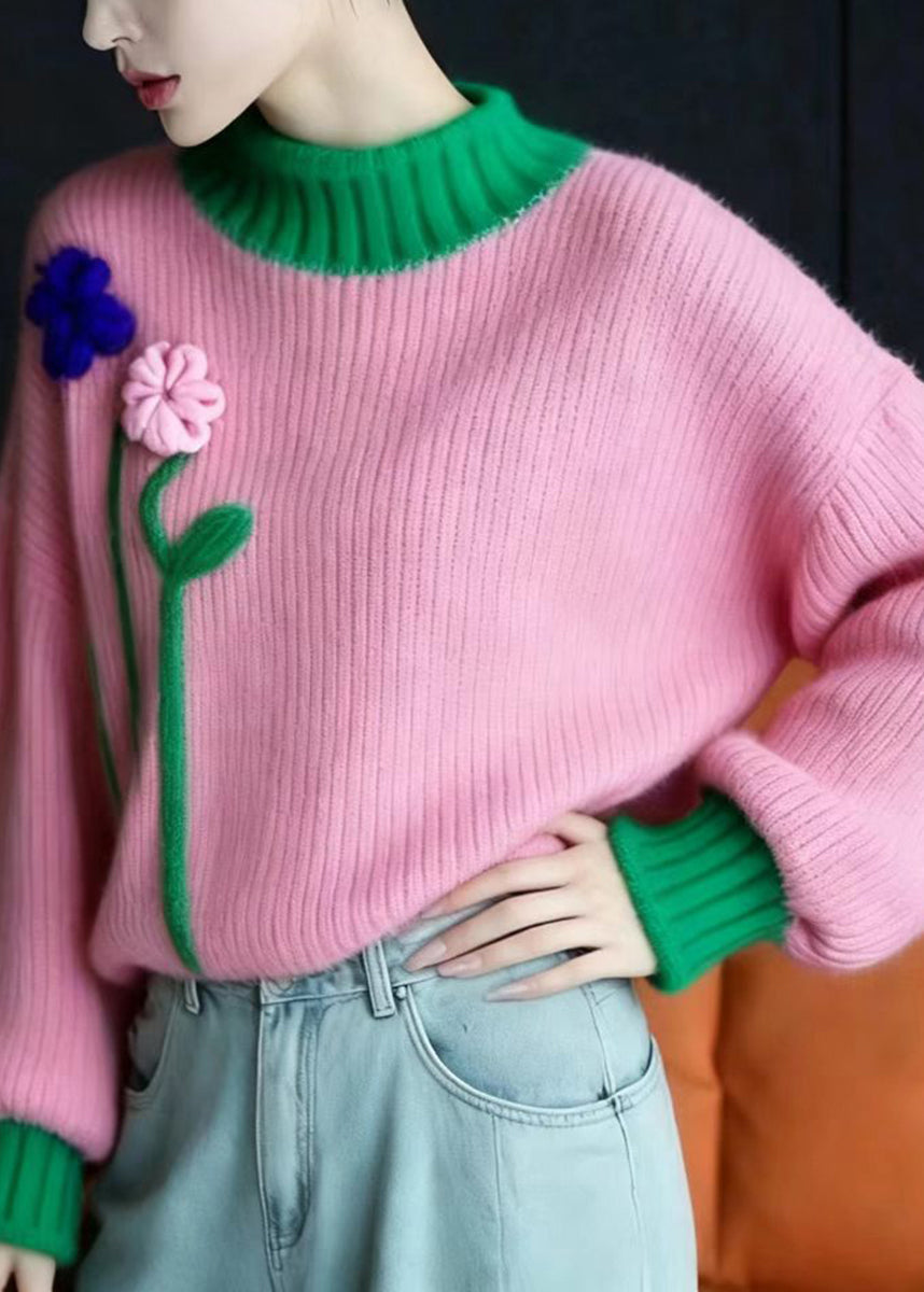 Casual Pink Green Stereoscopic Floral Knitted Tops Long Sleeve