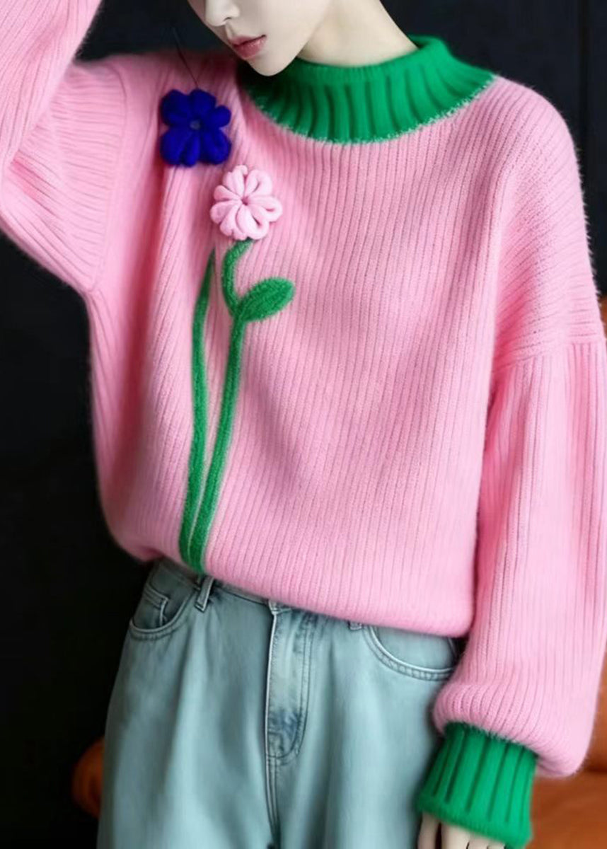 Casual Pink Green Stereoscopic Floral Knitted Tops Long Sleeve