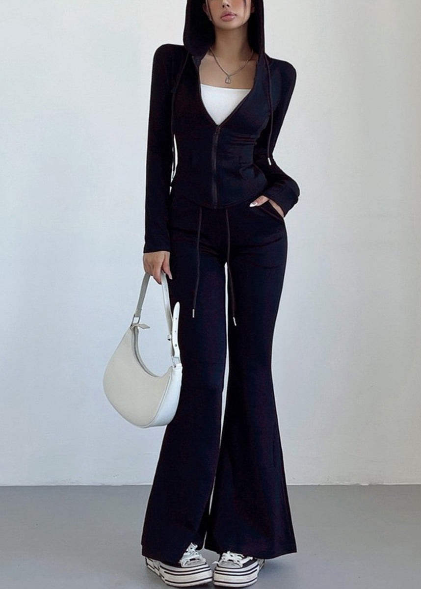 Casual Pink Hooded Zip Up Sports Top And Flared Pants Two Piece Set Women Clothing Fall