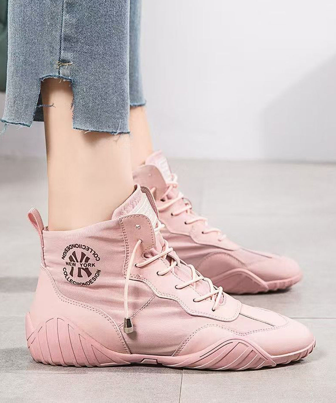 Casual Pink Lace Up Faux Leather High Top Sneakers