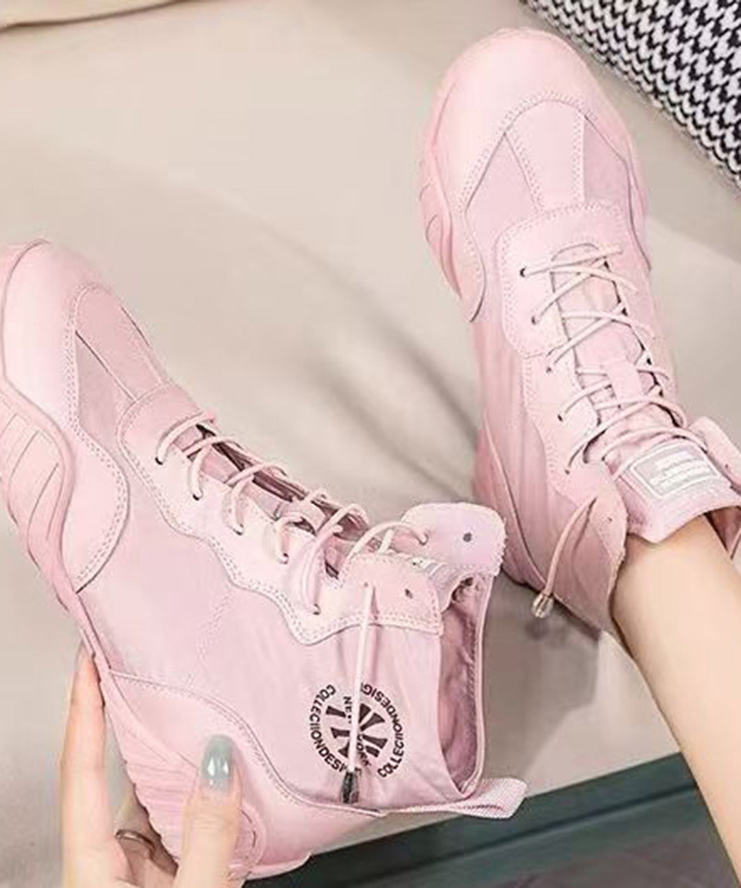 Casual Pink Lace Up Faux Leather High Top Sneakers