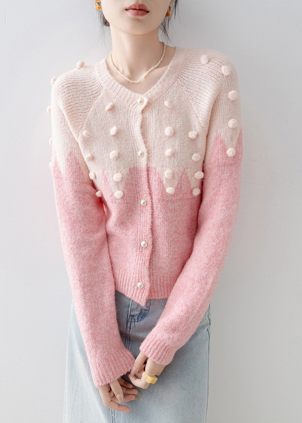 Casual Pink O Neck Fuzzy Ball Decorated Knit Cardigans Spring