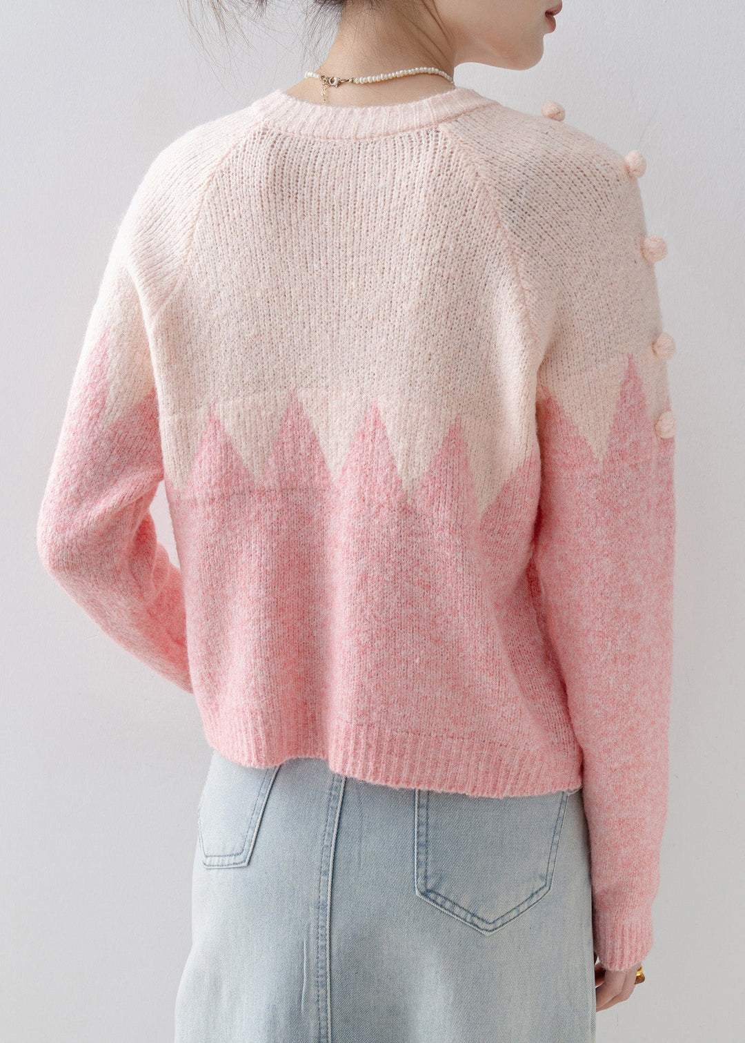 Casual Pink O Neck Fuzzy Ball Decorated Knit Cardigans Spring