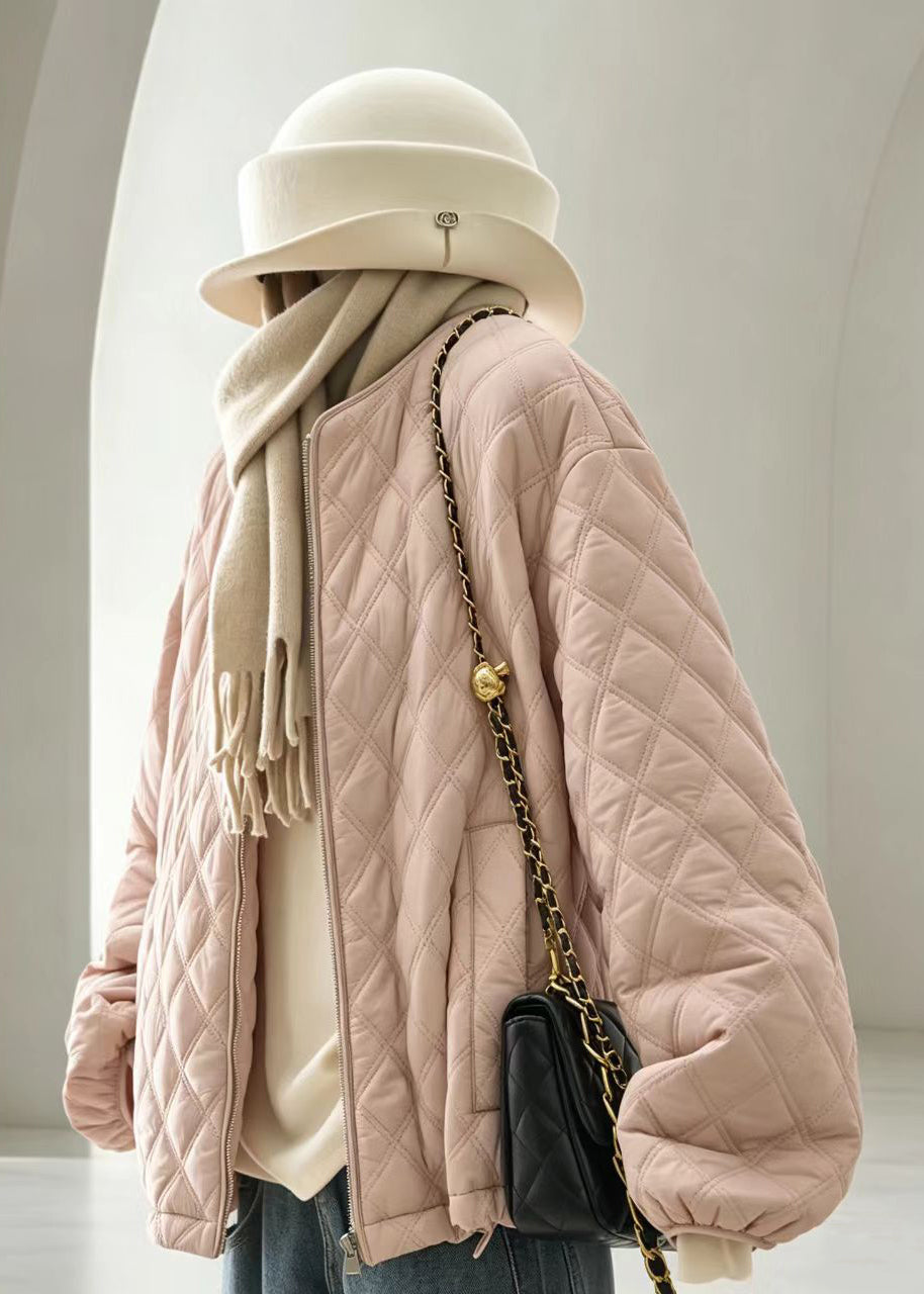 Casual Pink O-Neck Quilted Cotton Filled Jackets Winter