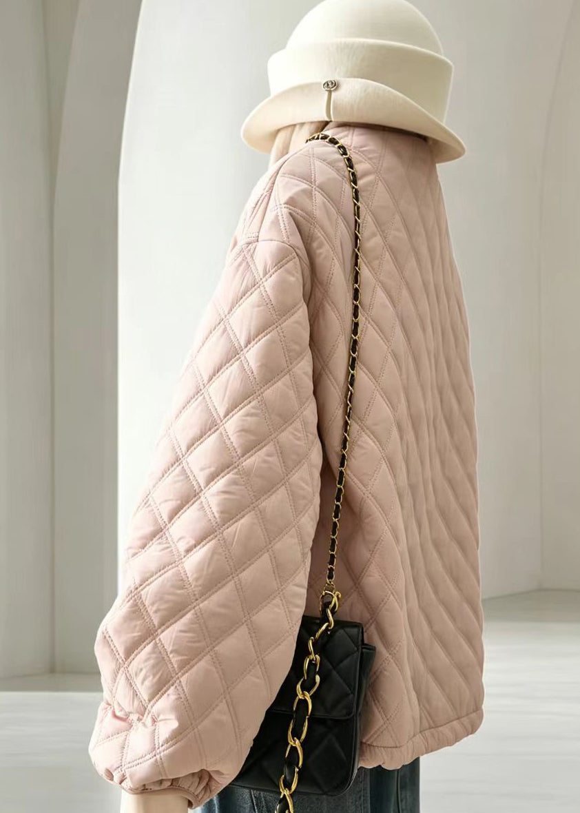 Casual Pink O-Neck Quilted Cotton Filled Jackets Winter