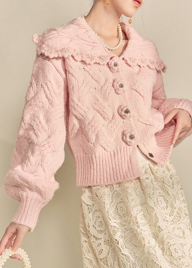 Casual Pink Peter Pan Collar Floral Cotton Knit Cardigans Lantern Sleeve