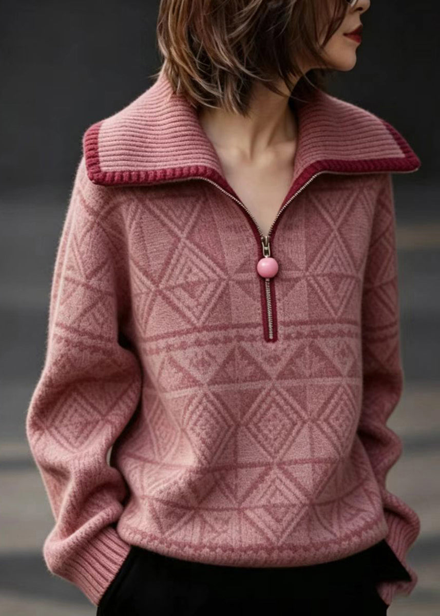 Casual Pink Peter Pan Collar Zippered Knit Sweater Fall