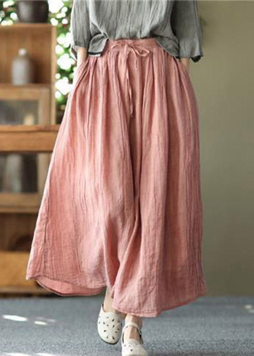 Casual Pink Pockets Wrinkled Tie Waist Linen Skirt