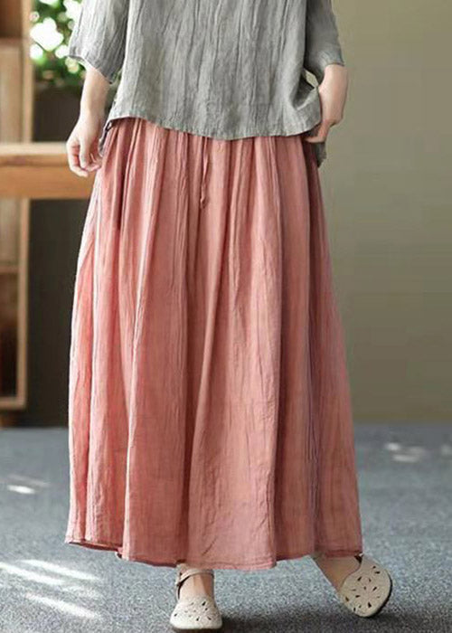 Casual Pink Pockets Wrinkled Tie Waist Linen Skirt