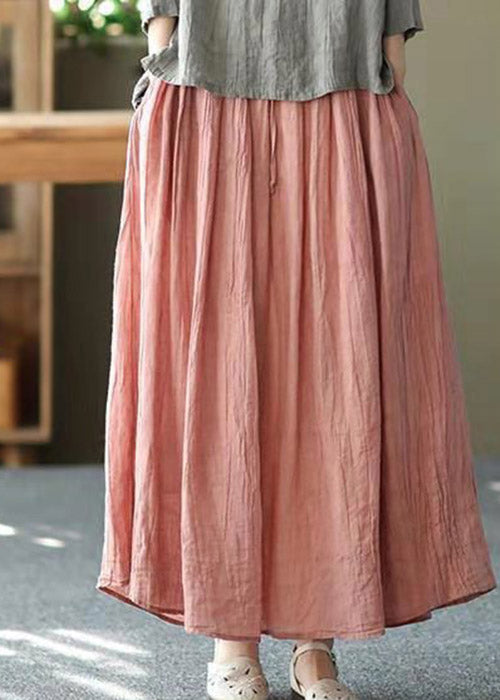 Casual Pink Pockets Wrinkled Tie Waist Linen Skirt