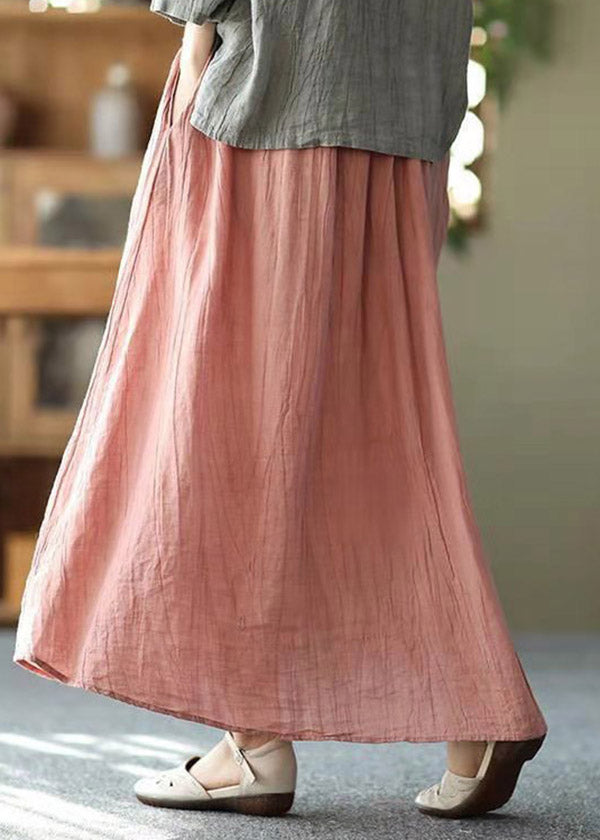 Casual Pink Pockets Wrinkled Tie Waist Linen Skirt