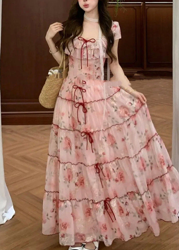 Casual Pink Print Bow Chiffon Vacation Dresses Summer