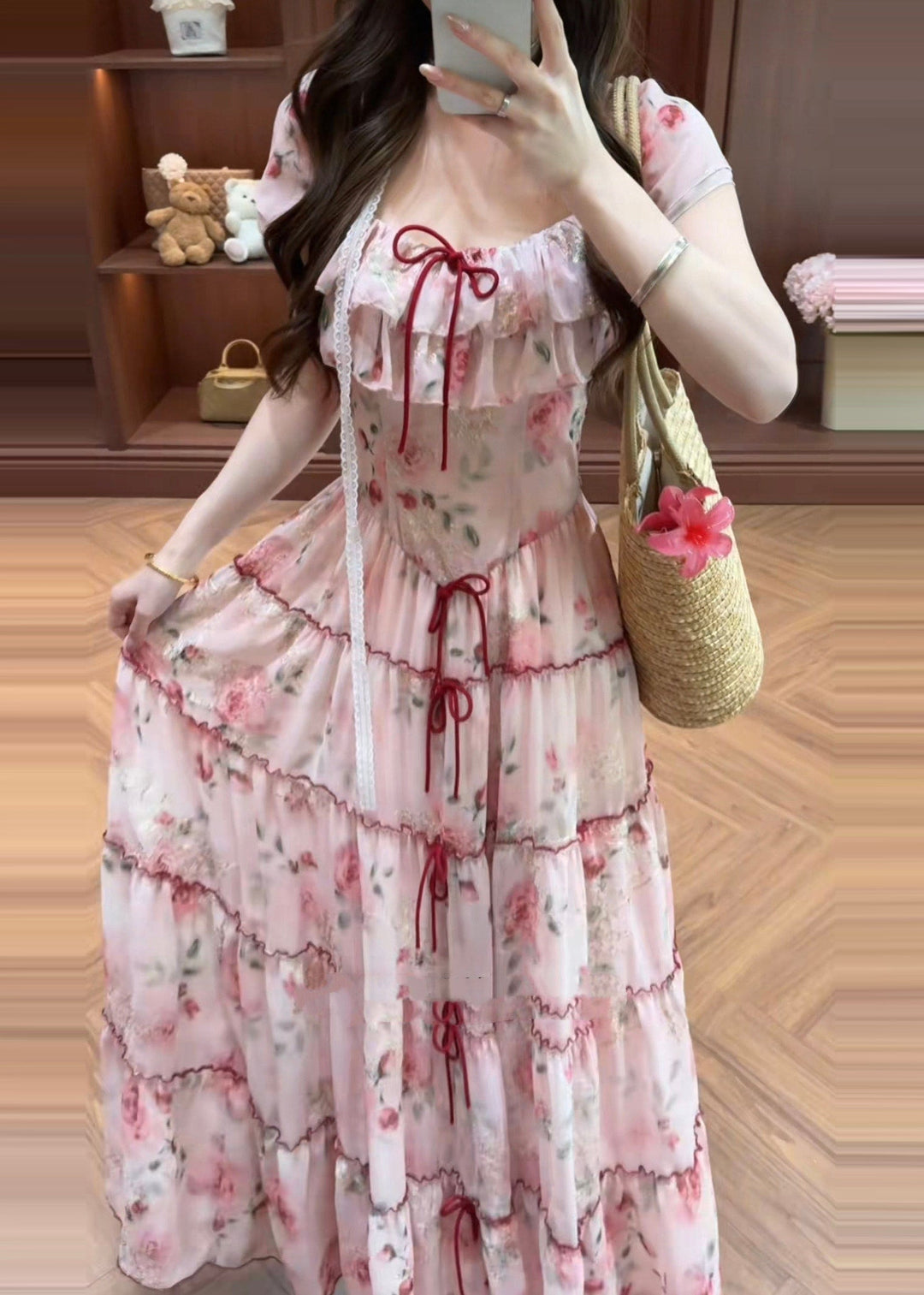 Casual Pink Print Bow Chiffon Vacation Dresses Summer