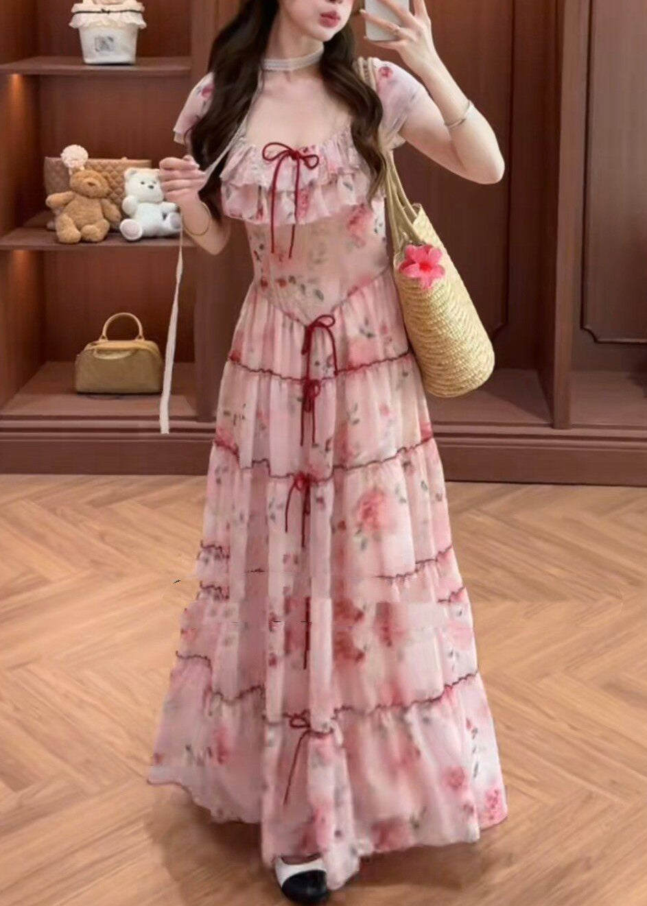 Casual Pink Print Bow Chiffon Vacation Dresses Summer
