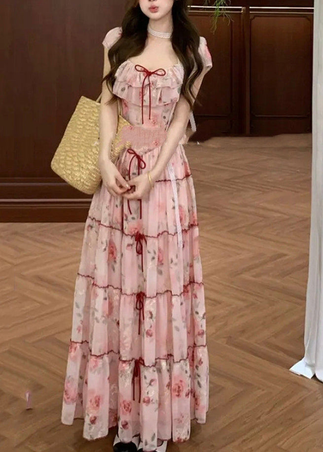 Casual Pink Print Bow Chiffon Vacation Dresses Summer