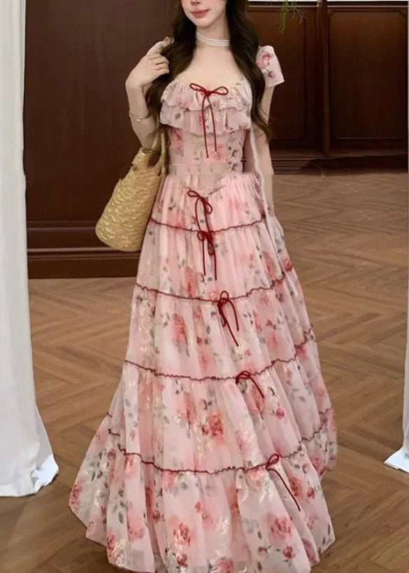 Casual Pink Print Bow Chiffon Vacation Dresses Summer
