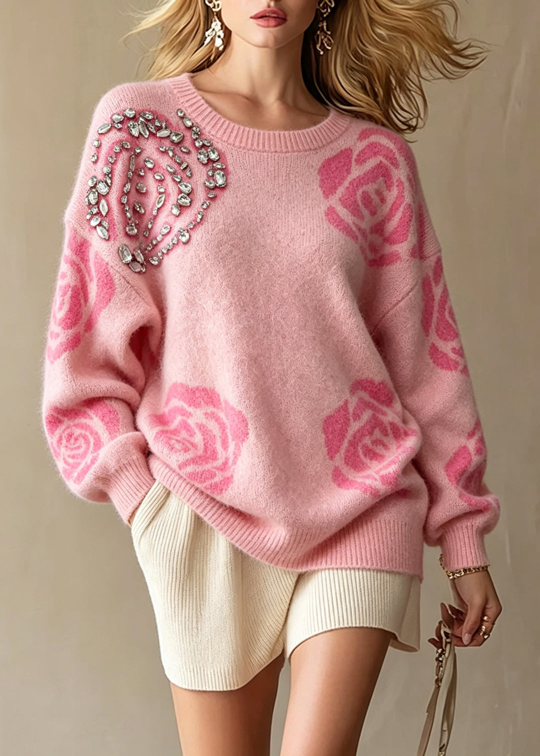 Casual Pink Print Nail Bead Cotton Knit Sweaters Fall