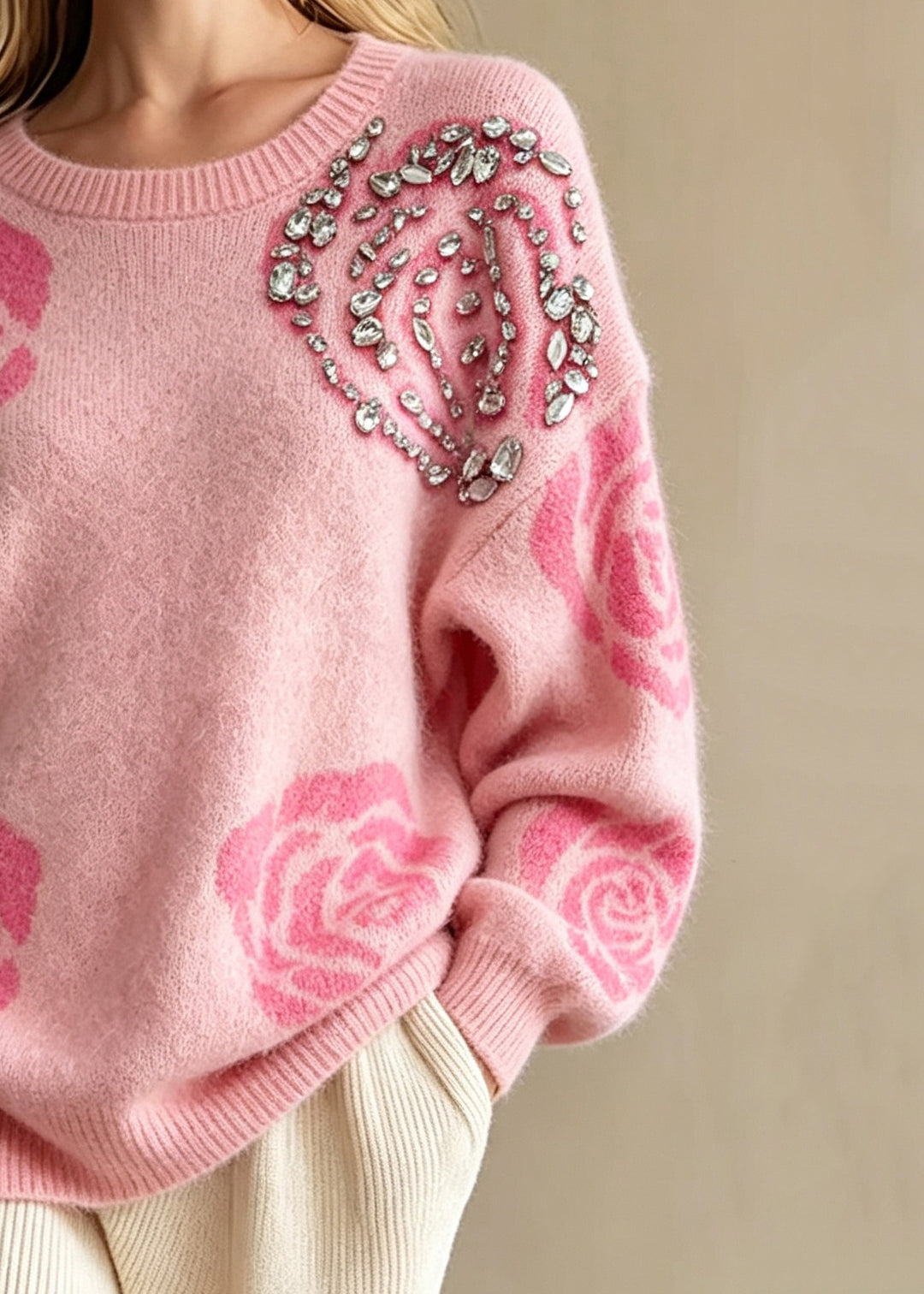 Casual Pink Print Nail Bead Cotton Knit Sweaters Fall