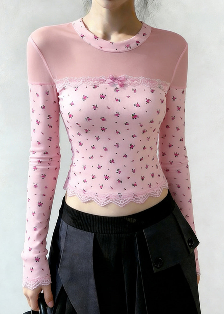 Casual Pink Print Patchwork Tulle Shirt Tops Spring