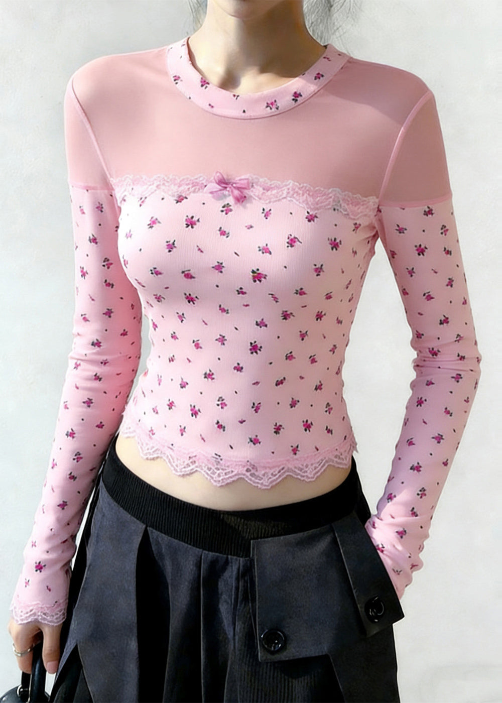 Casual Pink Print Patchwork Tulle Shirt Tops Spring