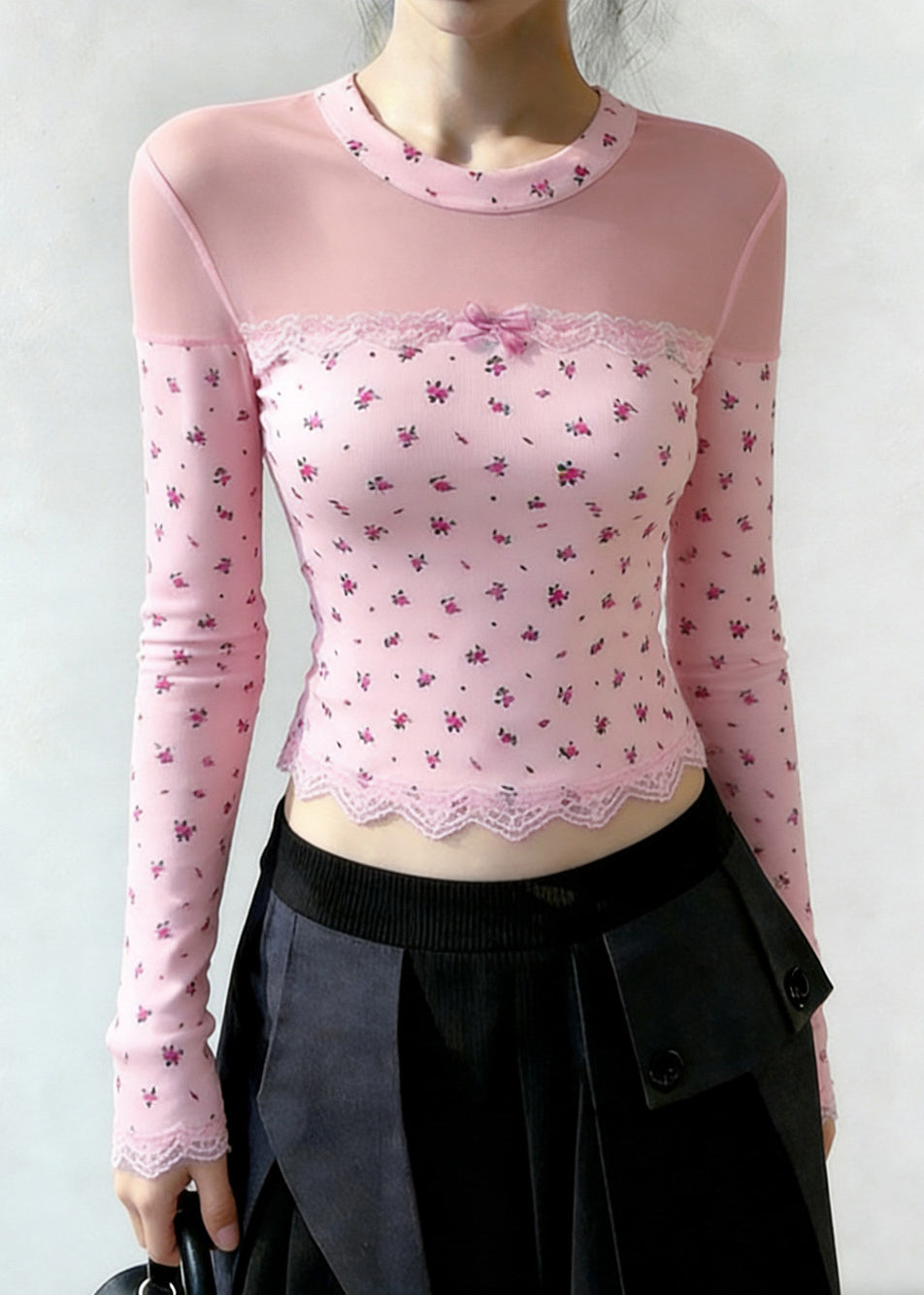Casual Pink Print Patchwork Tulle Shirt Tops Spring