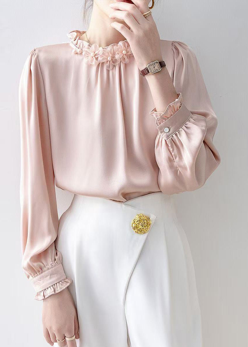 Casual Pink Ruffled Floral Chiffon Tops Spring