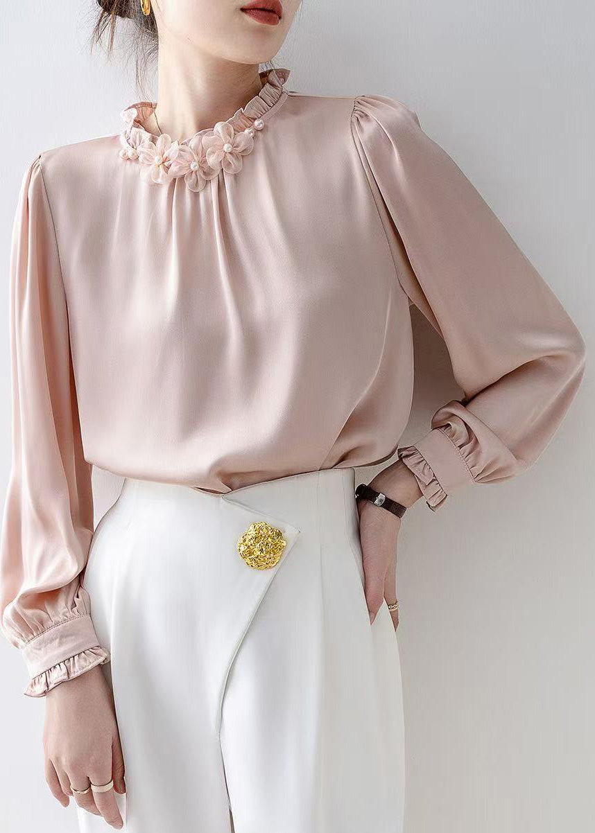 Casual Pink Ruffled Floral Chiffon Tops Spring