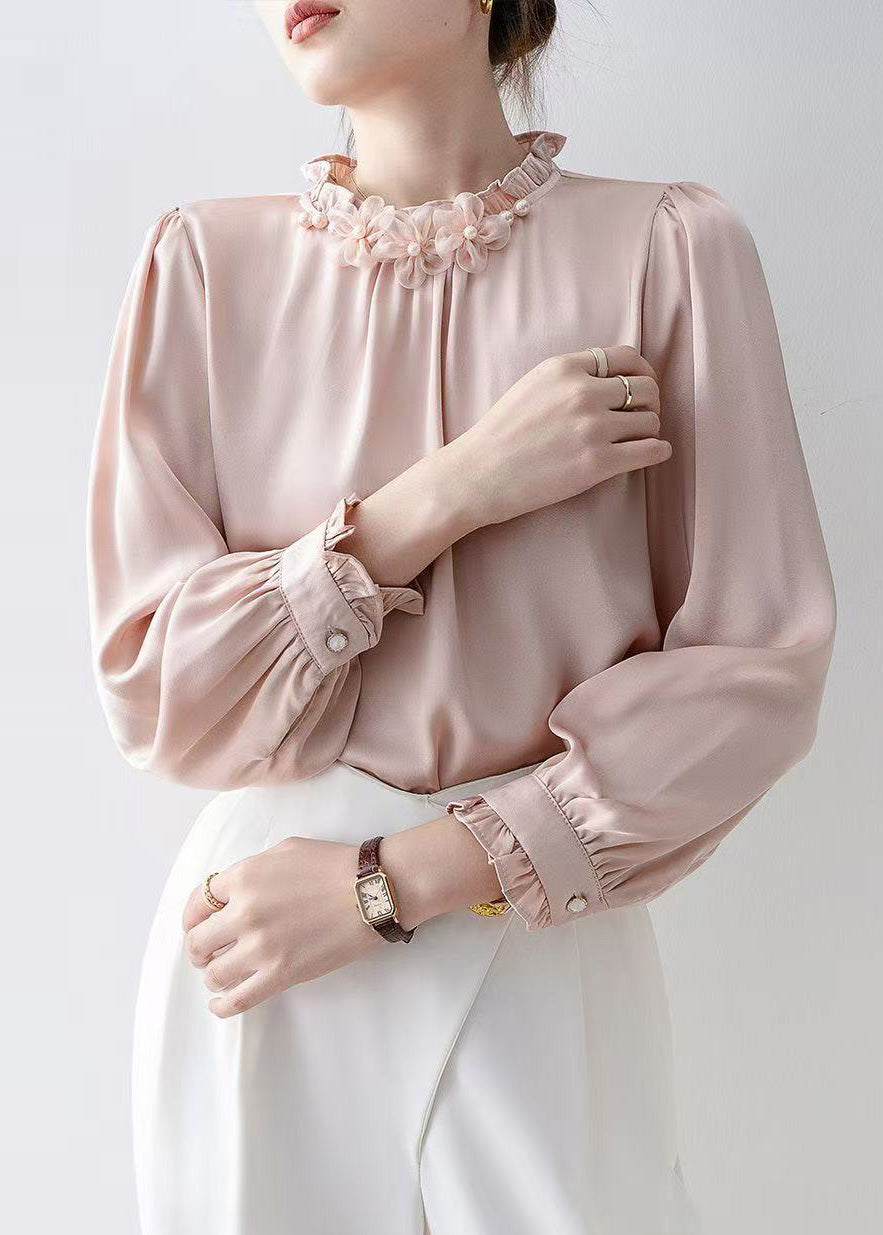 Casual Pink Ruffled Floral Chiffon Tops Spring