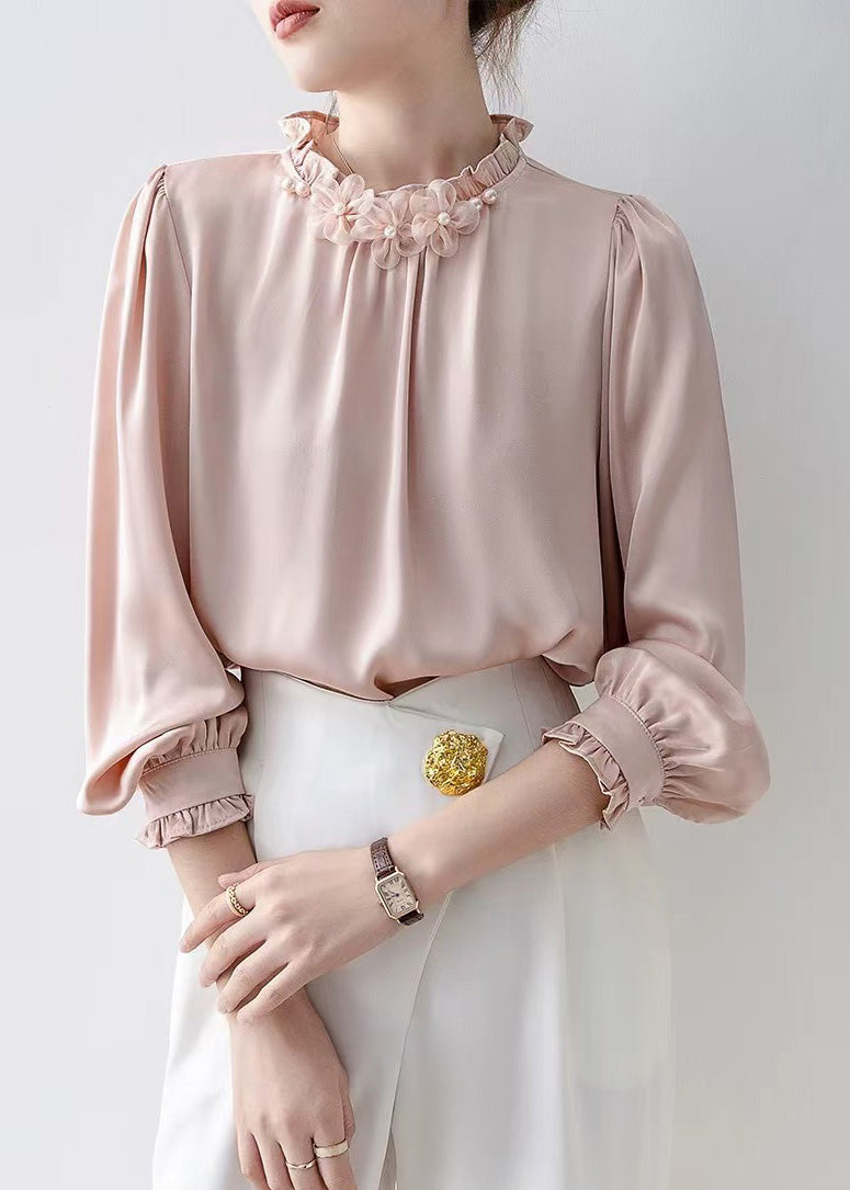 Casual Pink Ruffled Floral Chiffon Tops Spring