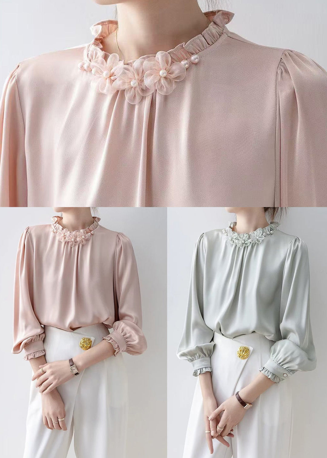 Casual Pink Ruffled Floral Chiffon Tops Spring