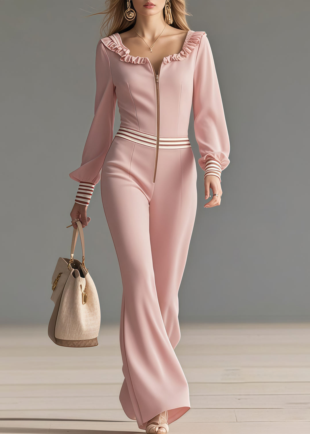 Casual Pink Ruffled Patchwork Draping Chiffon Jumpsuit Spring