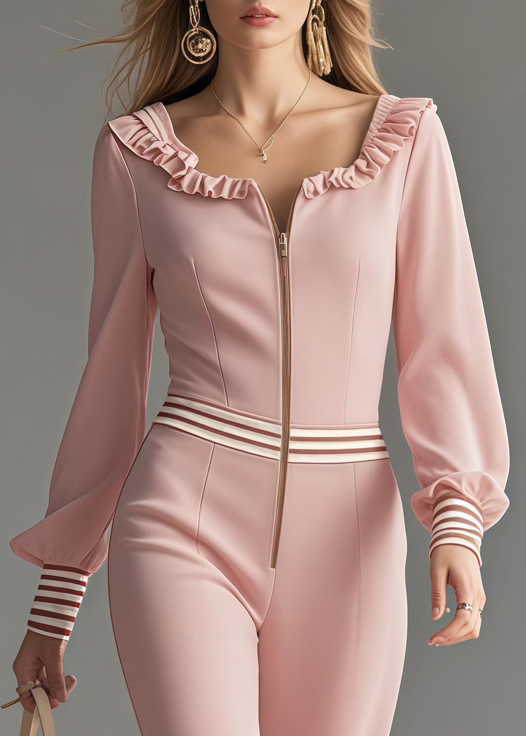 Casual Pink Ruffled Patchwork Draping Chiffon Jumpsuit Spring