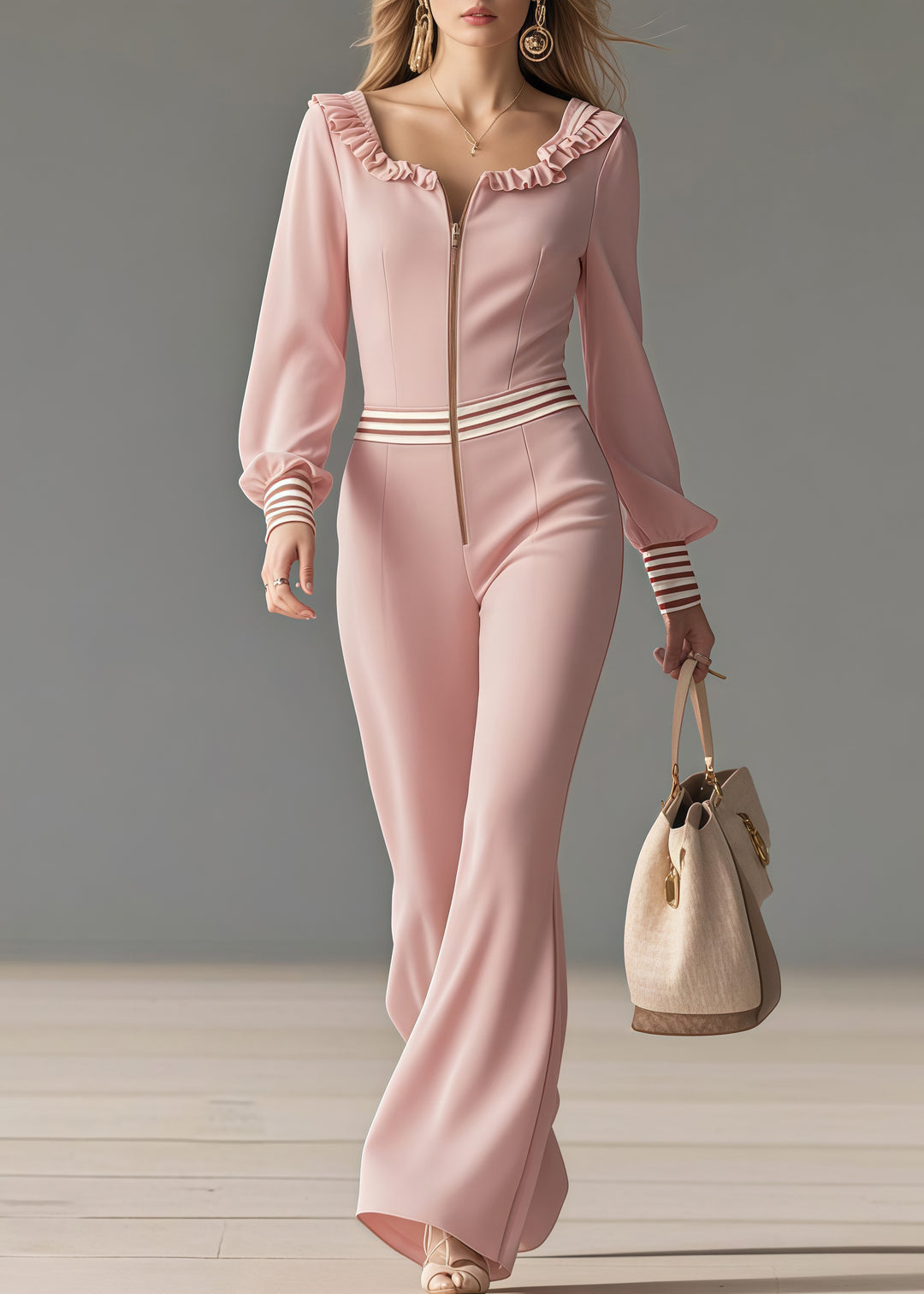 Casual Pink Ruffled Patchwork Draping Chiffon Jumpsuit Spring