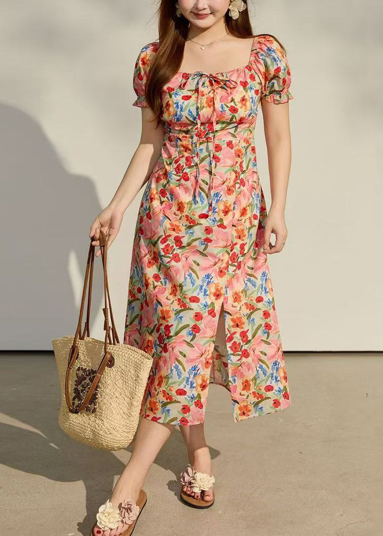 Casual Pink Square Collar Print Cotton Vacation Dresses Summer