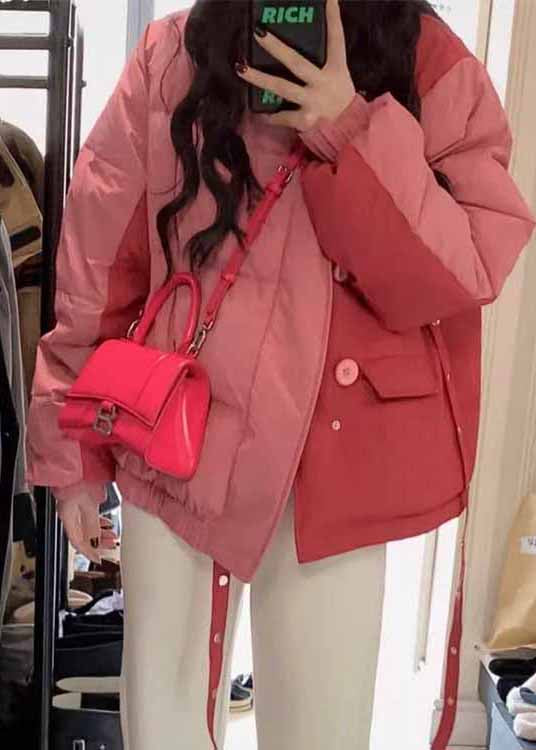 Casual Pink Stand Collar Pockets Fine Cotton Filled Jacket Winter