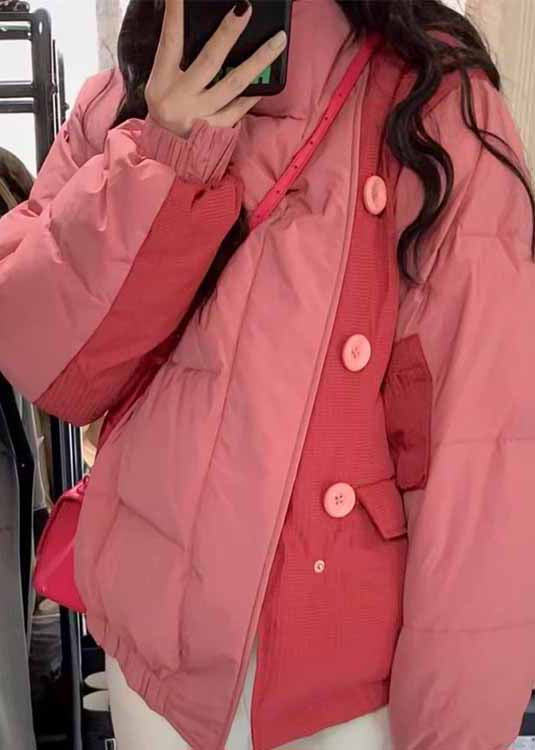 Casual Pink Stand Collar Pockets Fine Cotton Filled Jacket Winter