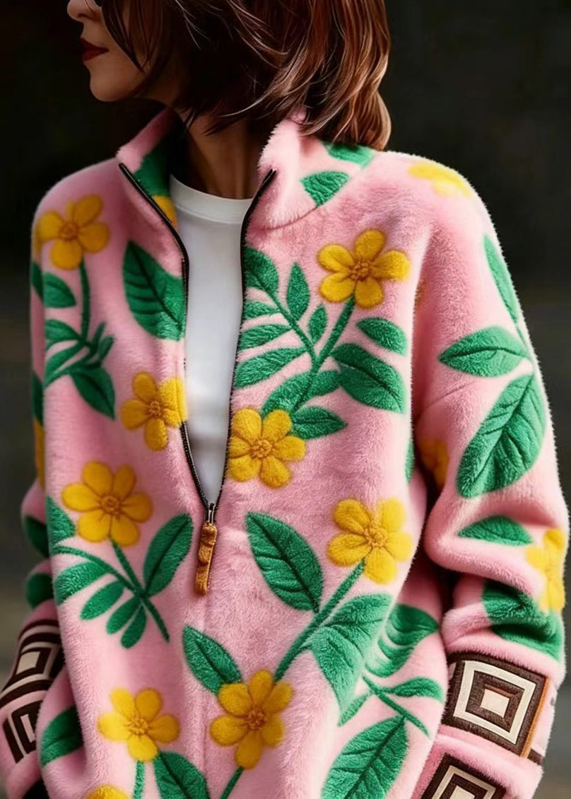 Casual Pink Stand Collar Zippered Floral Mink Hair Knitted Sweater Fall