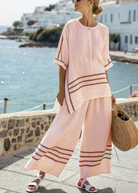 Casual Pink Striped O-Neck Side Open T Shirts And Wide Leg Pants Two Pieces Set Summer