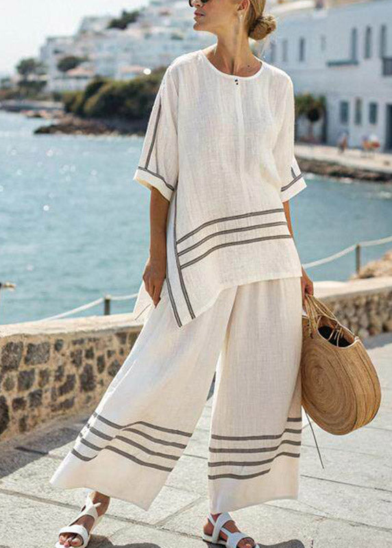 Casual Pink Striped O-Neck Side Open T Shirts And Wide Leg Pants Two Pieces Set Summer