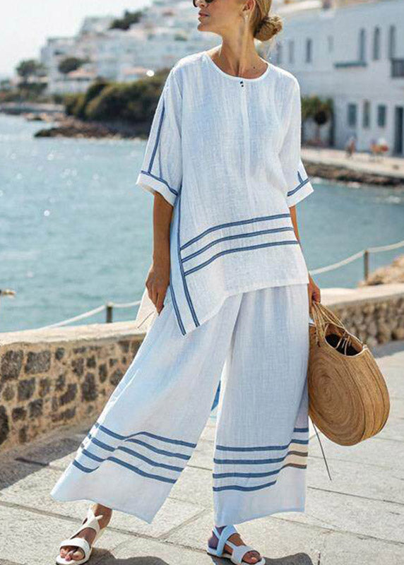 Casual Pink Striped O-Neck Side Open T Shirts And Wide Leg Pants Two Pieces Set Summer