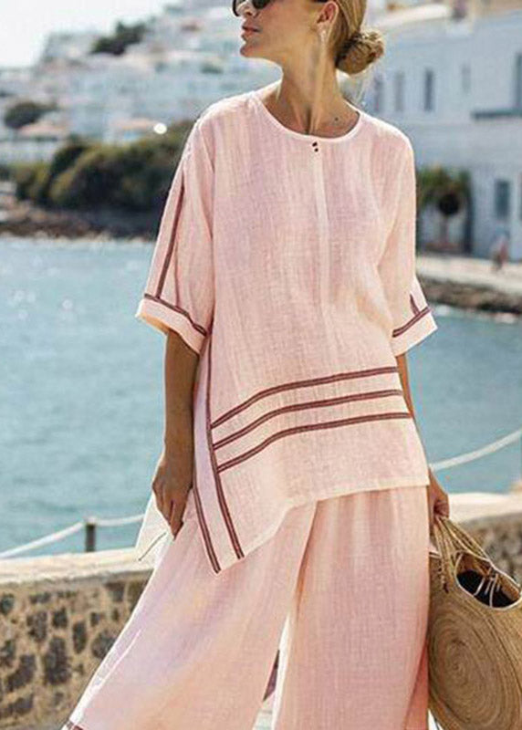 Casual Pink Striped O-Neck Side Open T Shirts And Wide Leg Pants Two Pieces Set Summer