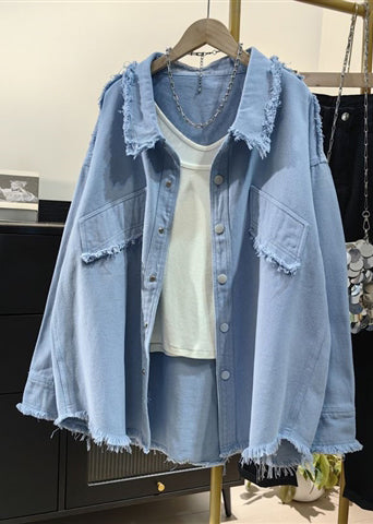 Casual Pink Tasseled Oversized Denim Shirts Coat Fall