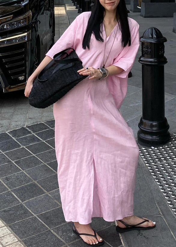 Casual Pink V Neck Cotton Long Dresses Summer