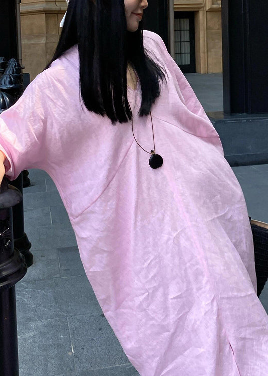 Casual Pink V Neck Cotton Long Dresses Summer