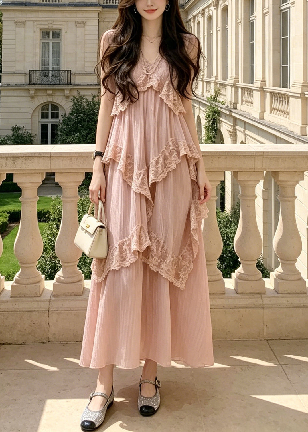 Casual Pink V Neck Lace Patchwork Maxi Spaghetti Strap Dresses Summer