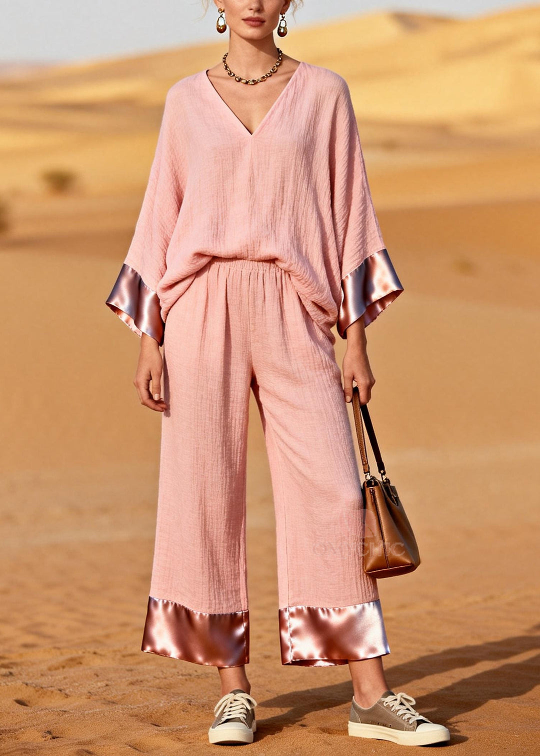 Casual Pink V Neck Patchwork Cotton Two Piece Set Women Clothing Spring