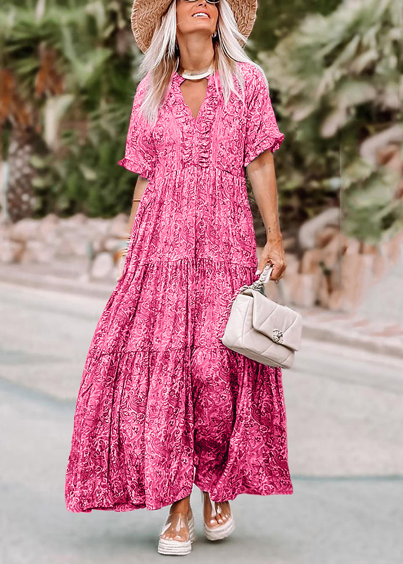 Casual Pink V Neck Print Long Dresses Summer