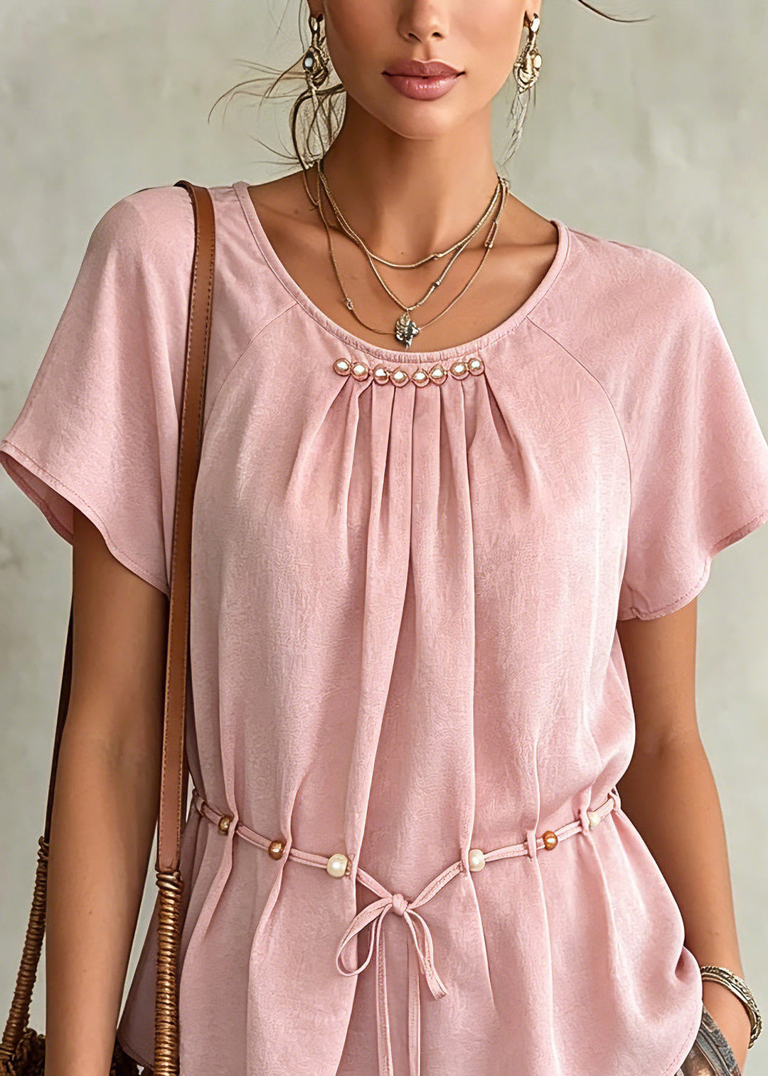 Casual Pink Wrinkled Tie Waist Chiffon Shirts Summer