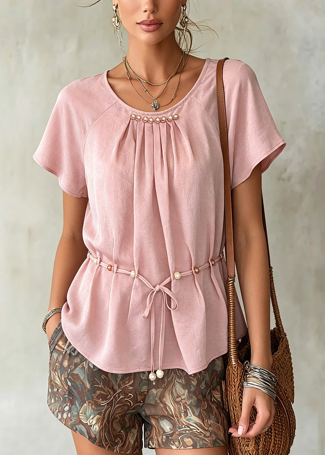 Casual Pink Wrinkled Tie Waist Chiffon Shirts Summer